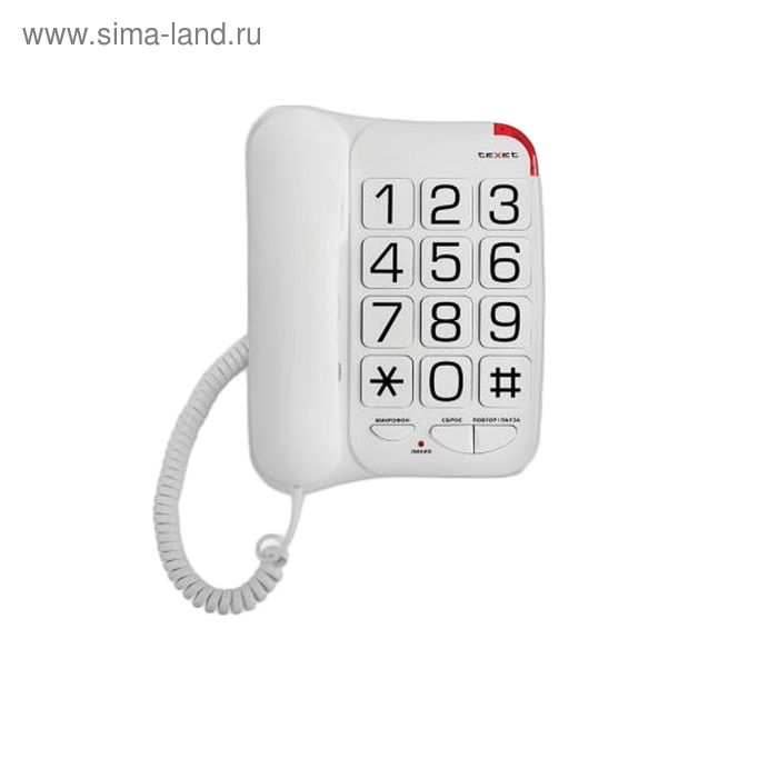 Телефон Texet TX 201, проводной, регулятор громкости, большие кнопки, белый