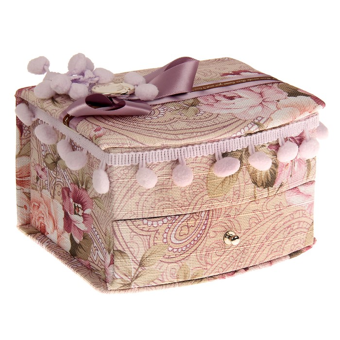 Шкатулка текстиль для украшений "Комод с помпонами" сирень 15х9х11 см