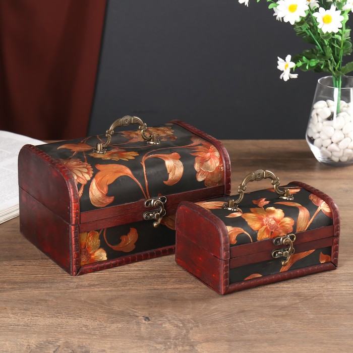 Шкатулка дерево сундучок "Золотые цветы на чёрном" набор 2 шт 8,5х15,5х10,5 12х19,5х14,5см