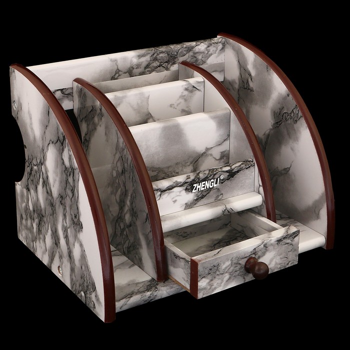 Органайзер, под серый мрамор, 3 секции+2 секции сбоку+маленький ящик 21*16 см