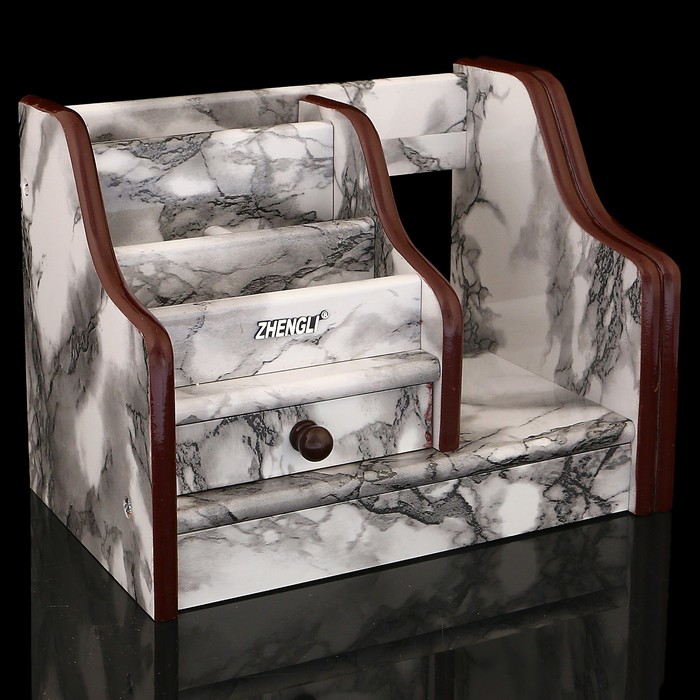 Органайзер, под серый мрамор, 5 секций+1 маленький ящик+2 выдвижные полочки 21,5*14 см