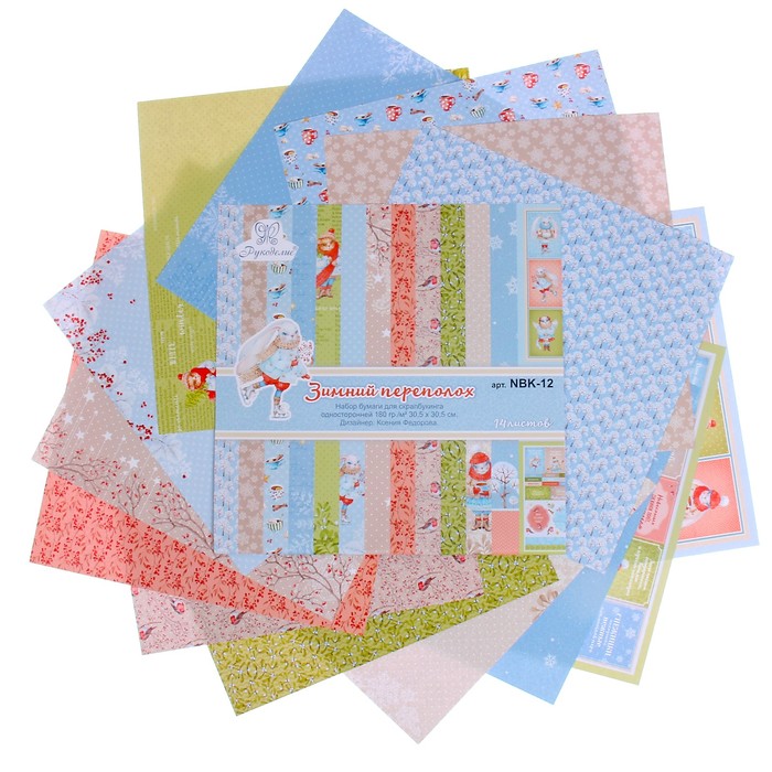 Набор бумаги для скрапбукинга "Зимний переполох" 14 листов 180г/м2, 30,5х30,5 см