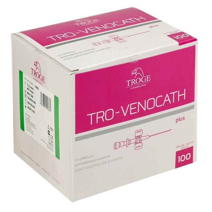 Интравенозные канюли Tro-Venocath Plus с доп. портом и крылышками, тефлон G18,