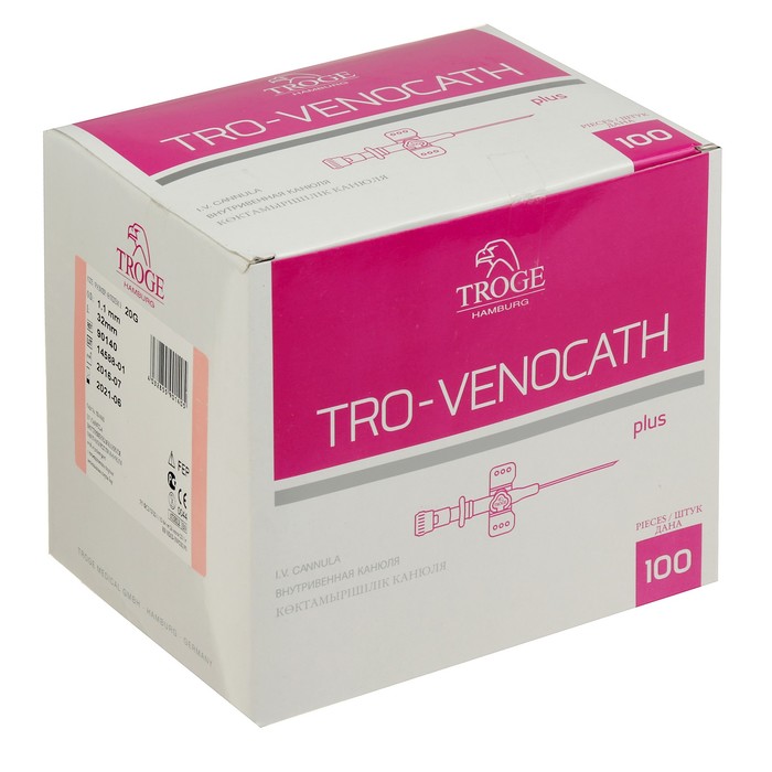 Интравенозные канюли Tro-Venocath Plus с доп. портом и крылышками, тефлон G20,