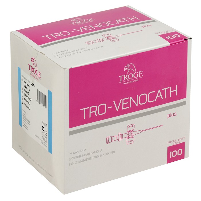 Интравенозные канюли Tro-Venocath Plus с доп. портом и крылышками, тефлон G22,