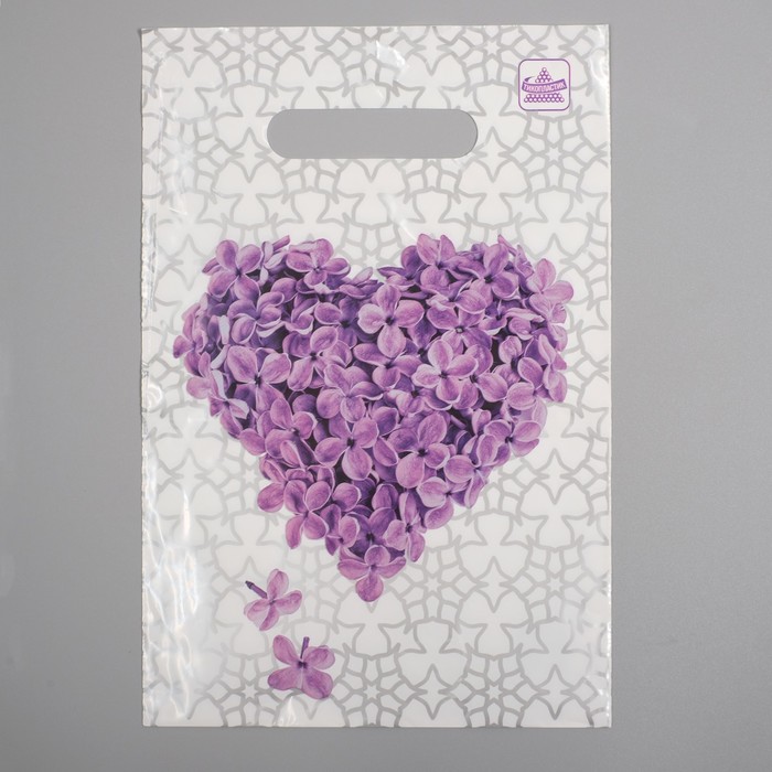 Пакет "Сиреневое сердце", полиэтиленовый с вырубной ручкой, 30х20 см, 30 мкм