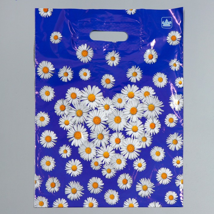 Пакет "Ромашки на синем", полиэтиленовый с вырубной ручкой, 40 х 31 см, 30 мкм