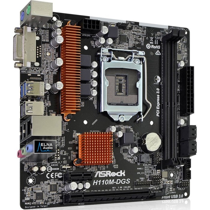 Материнская плата Asrock H110M-DGS, R3.0, Soc-1151, Intel H110, 2xDDR4, mATX, Ret