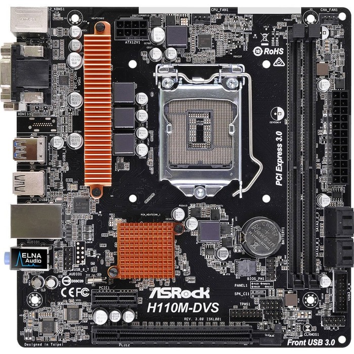 Материнская плата Asrock H110M-DVS, R3.0, Soc-1151, Intel H110, 2xDDR4, mATX, Ret