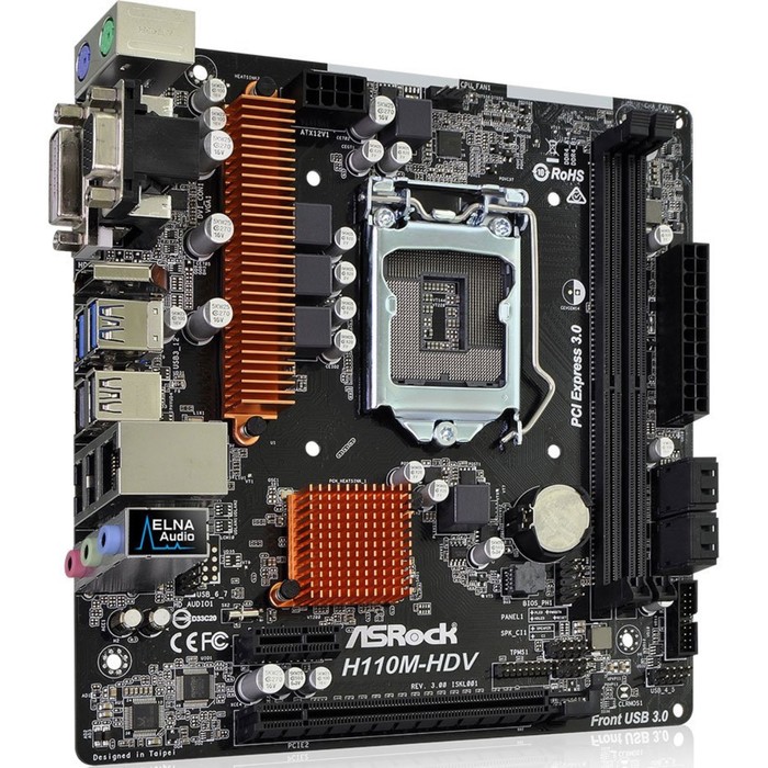Материнская плата Asrock H110M-HDV, R3.0, Soc-1151, Intel H110, 2xDDR4, mATX, Ret