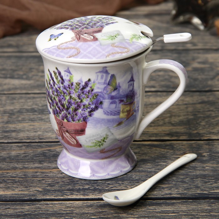 Кружка 350 мл "Лаванда", с ситом, ложкой и крышкой