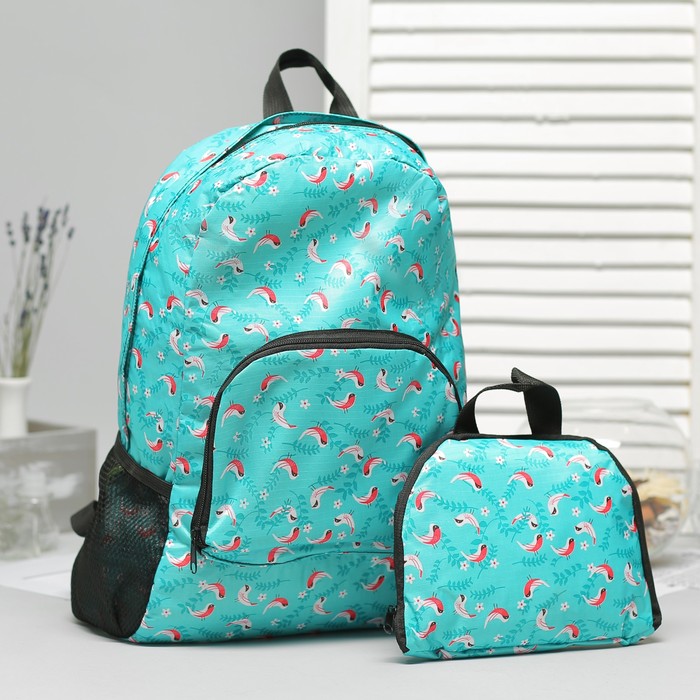 Рюкзак складной "Птички", отдел на молнии, наружный карман, 2 боковые сетки, цвет мятный