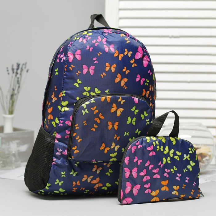 Рюкзак складной "Бабочки", отдел на молнии, наружный карман, 2 боковые сетки, цвет тёмно-синий