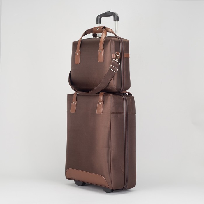 Чемодан с сумкой 20", отдел на молнии, 2 колеса, кодовый замок, цвет коричневый