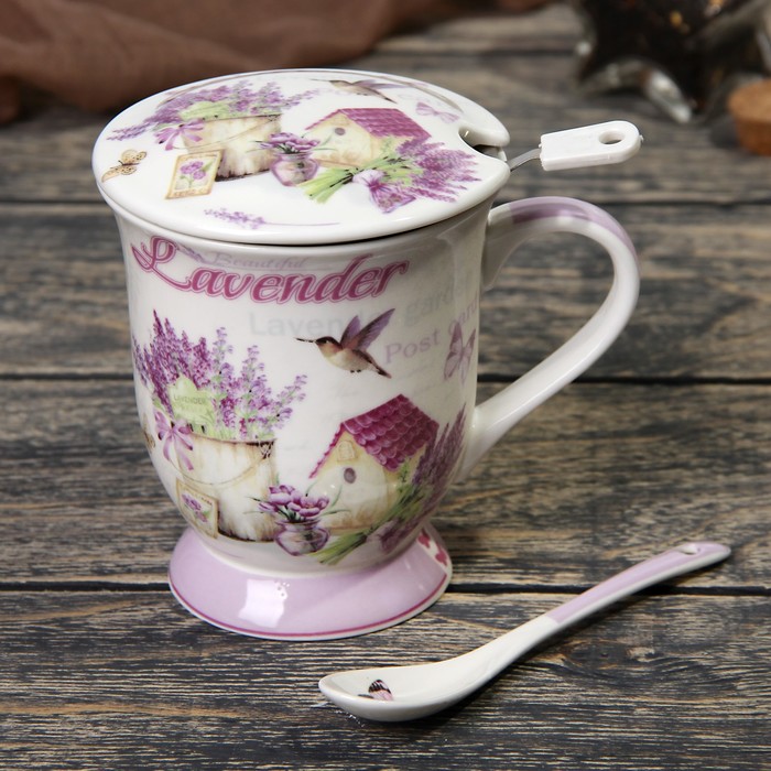 Кружка 300 мл "Душистая лаванда", с ситом, ложкой и крышкой