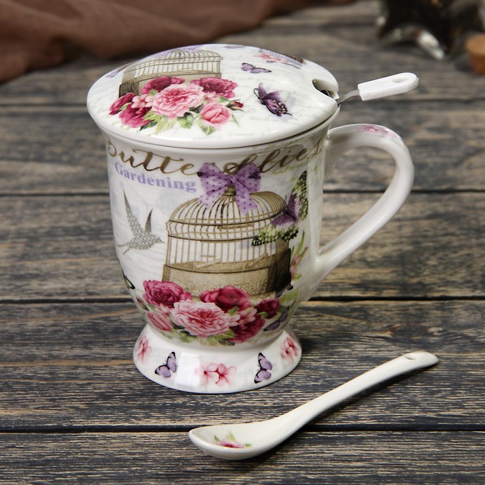 Кружка 350 мл "Цветочный сад", с ситом, ложкой и крышкой