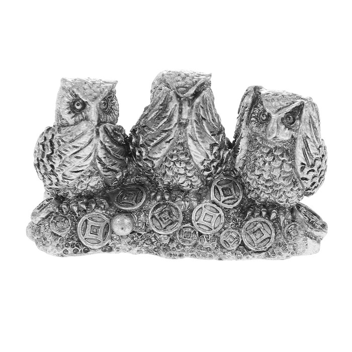 Нэцкэ полистоун серебро "Совы на монетах: не слышу, не вижу, не скажу" 4х7,5х3 см