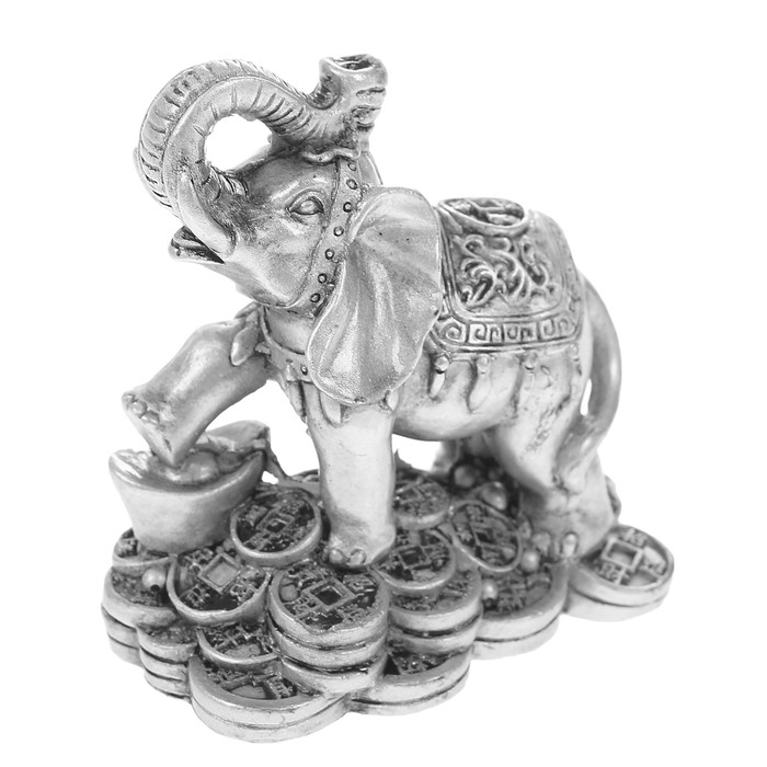 Нэцкэ полистоун серебро "Слон на монетах" 9х8х4,5 см