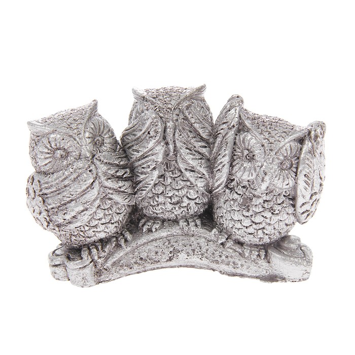 Нэцкэ полистоун серебро "Совы: не слышу, не вижу, не скажу" 7х9,5х4 см