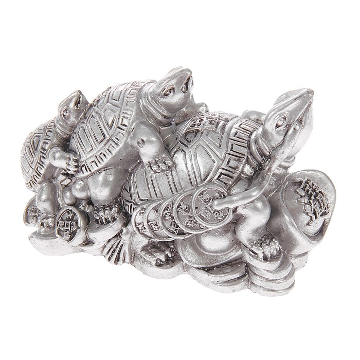 Нэцкэ полистоун серебро "Три черепахи на монетах со слитком золота" 6х9,5х4,5 см