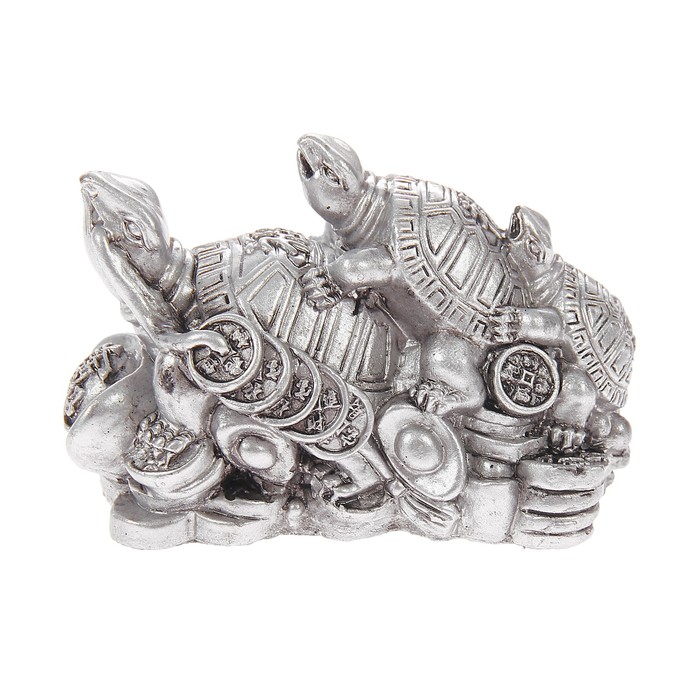 Нэцкэ полистоун серебро "Три черепахи на монетах со слитком золота" 6х9,5х4,5 см