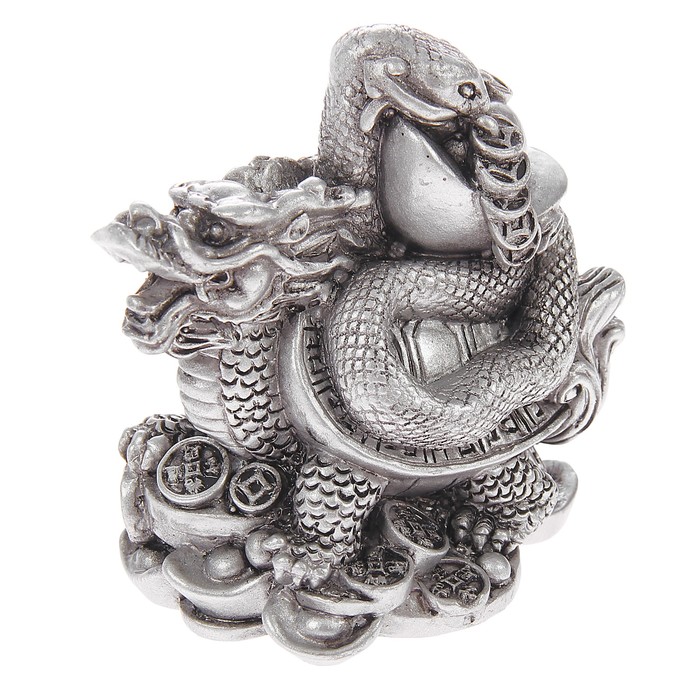 Нэцкэ полистоун серебро "Дракон и змея смонетами и слитками золота" 9х9х5,5 см