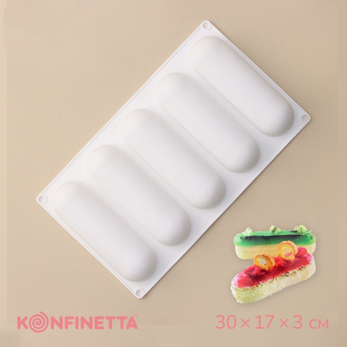 Форма для муссовых десертов и выпечки KONFINETTA «Эклер», 30×17×3 см, 5 ячеек (14,5×4,5 см), цвет белый форма силиконовая для выпечки и муссовых десертов konfinetta венеция 29 5×17×3 см 6 ячеек цвет белый