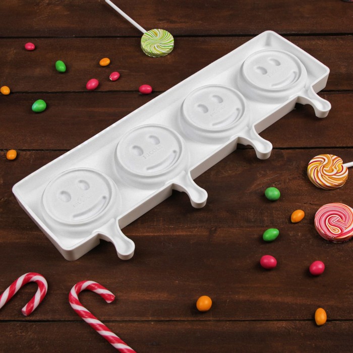 Форма кондитерская для леденцов и мороженого, 4 ячейки, 39х15х2,5 см "Улыбки", цвет белый