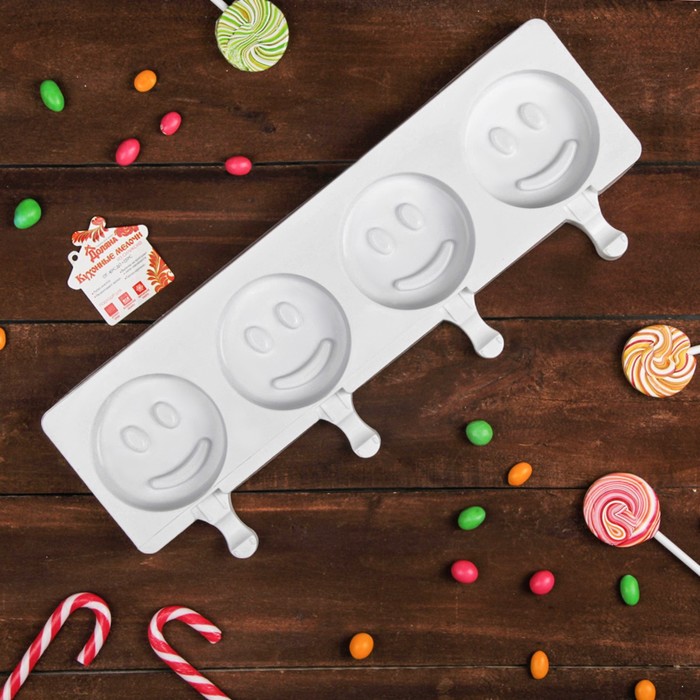 Форма кондитерская для леденцов и мороженого, 4 ячейки, 39х15х2,5 см "Улыбки", цвет белый