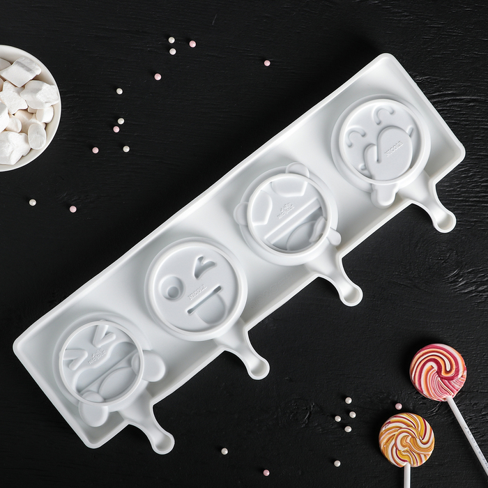 Форма кондитерская для леденцов и мороженого, 4 ячейки, 39х15х2,5 см "Смайлики", цвет белый