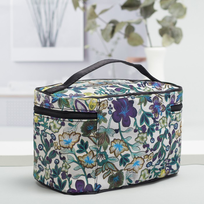 Косметичка-сундучок «Цветы», отдел на молнии, зеркало, цвет зелёный