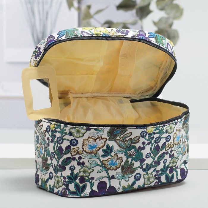 Косметичка-сундучок «Цветы», отдел на молнии, зеркало, цвет зелёный