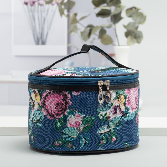 Косметичка-сундучок «Розы», отдел на молнии, зеркало, цвет синий