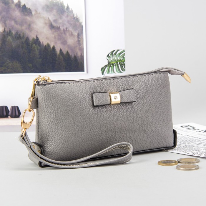 Кошелёк-клатч женский, 2 отдела, для монет, с ручкой, цвет серый