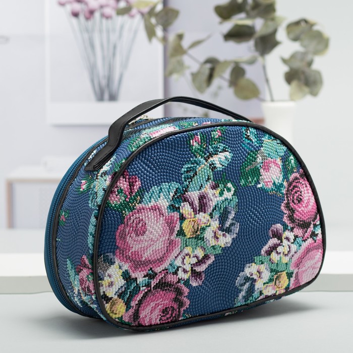 Косметичка-сундучок «Розы», отдел на молнии, зеркало, цвет синий
