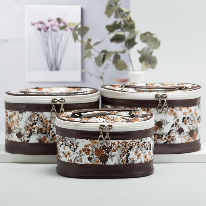 Наборы косметичек "Цветы" 3 в 1 , отделение на молнии, зеркало, цвет коричневый