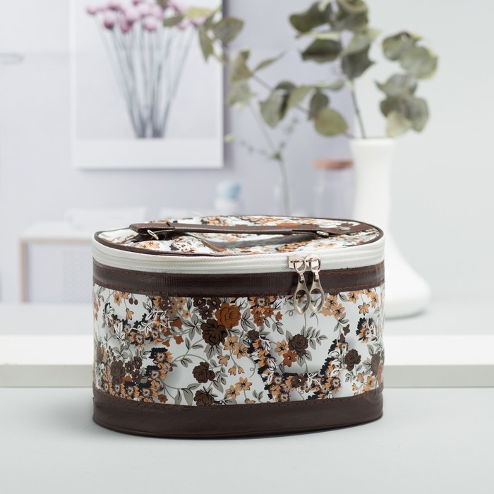 Наборы косметичек "Цветы" 3 в 1 , отделение на молнии, зеркало, цвет коричневый