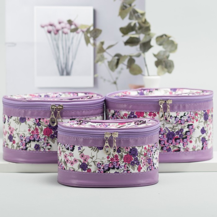 Наборы косметичек 3 в 1 «Цветы», отдел на молнии, зеркало, цвет сиреневый