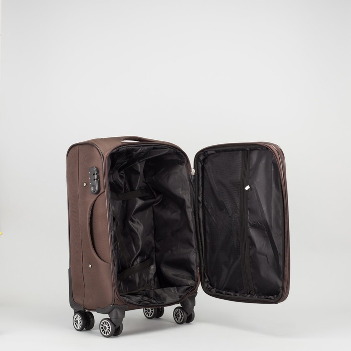 Чемодан малый с расширением 19", отдел на молнии, 2 наружных кармана, 4 колеса, кодовый замок, цвет кофе