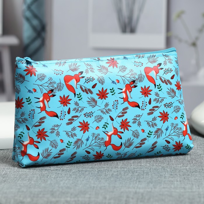 Косметичка простая «Лисички», отдел на молнии, цвет голубой