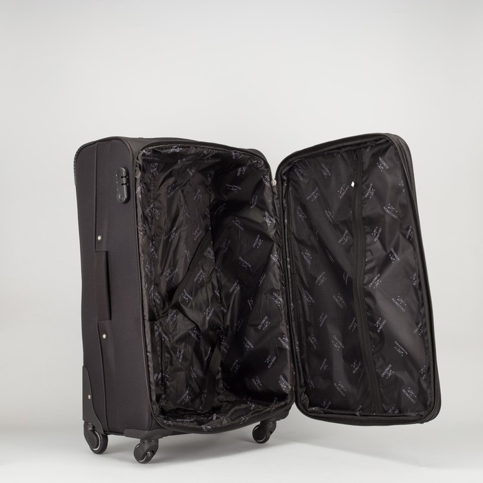 Чемодан большой с расширением 27", отдел на молнии, 2 наружных кармана, 4 колеса, кодовый замок, цвет чёрный