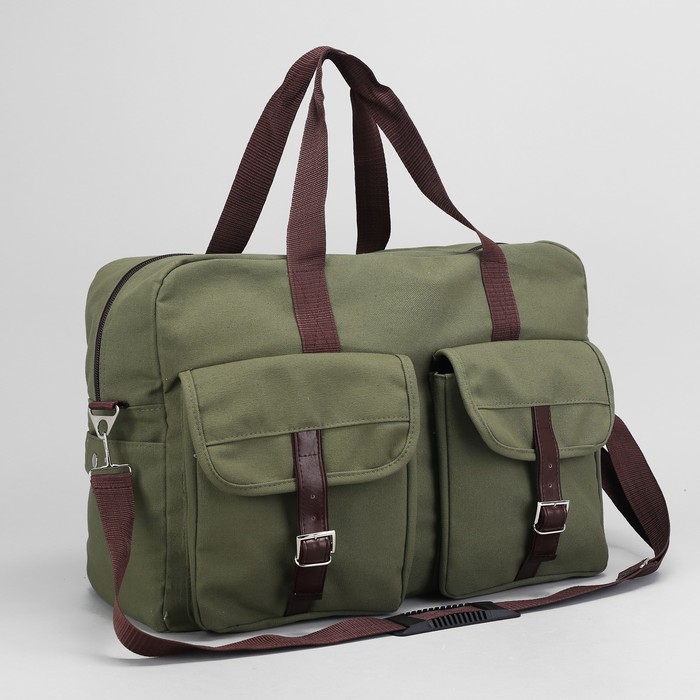 Сумка дорожная на молнии, 1 отдел, 4 наружных кармана, длинный ремень, цвет хаки