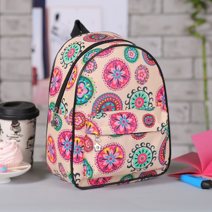 Рюкзак дет Орнамент, 21*15*28, отд на молнии, 3 н/кармана, бежевый
