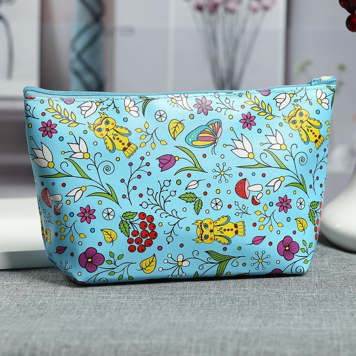 Косметичка простая «Совы», отдел на молнии, цвет голубой