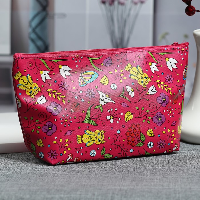 Косметичка простая «Совы», отдел на молнии, цвет малиновый