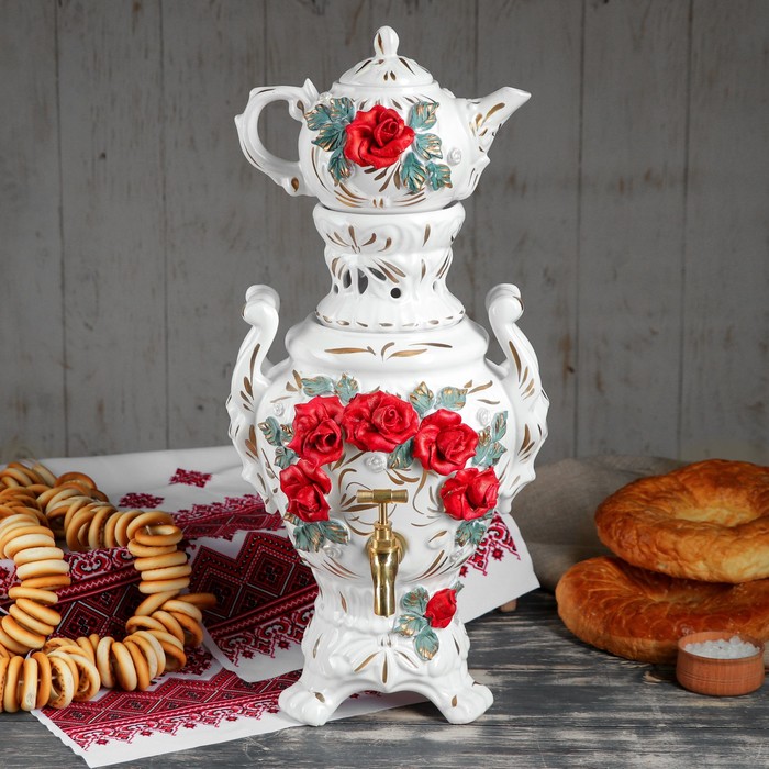 Самовар электрический с заварником "Царский" лепка, белый, красная роза, 4 л, 0,5 л провод не прилагается