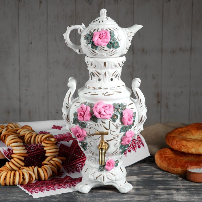 Самовар электрический с заварником "Царский" лепка, белый, розовая роза, 4 л, 0,5 л провод не прилагается