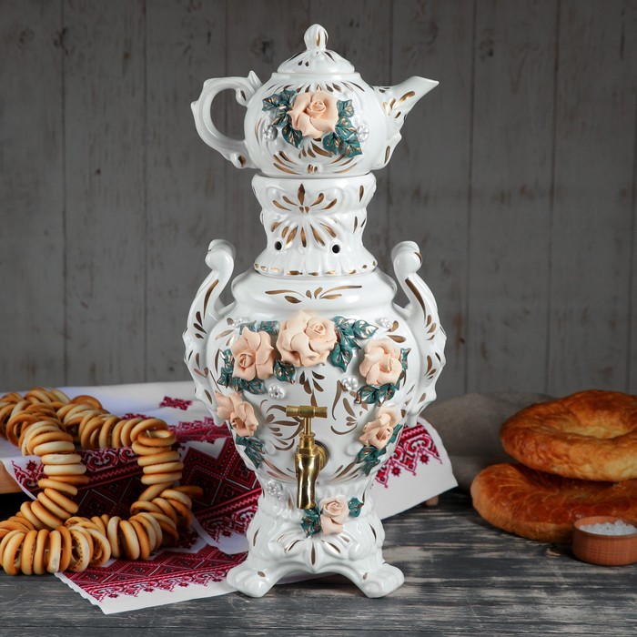 Самовар электрический с заварником "Царский" лепка, белый, кремовая роза, 4 л, 0,5 л провод не прилагается