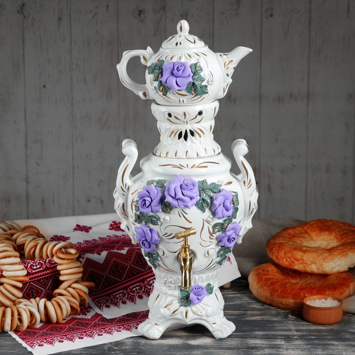 Самовар электрический с заварником "Царский" лепка, белый, фиолетовая роза, 4 л, 0,5 л провод не прилагается
