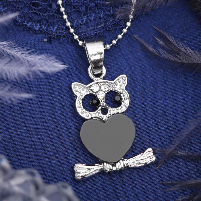 Кулон "Сова" на ветке, цвет чёрный в серебре, 40см